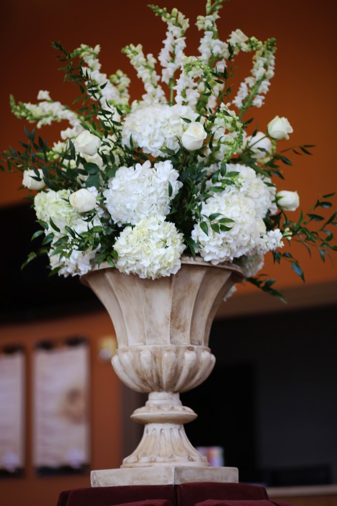 urn arrangement of white hydrangea, stock and roses | msu riley center reception 