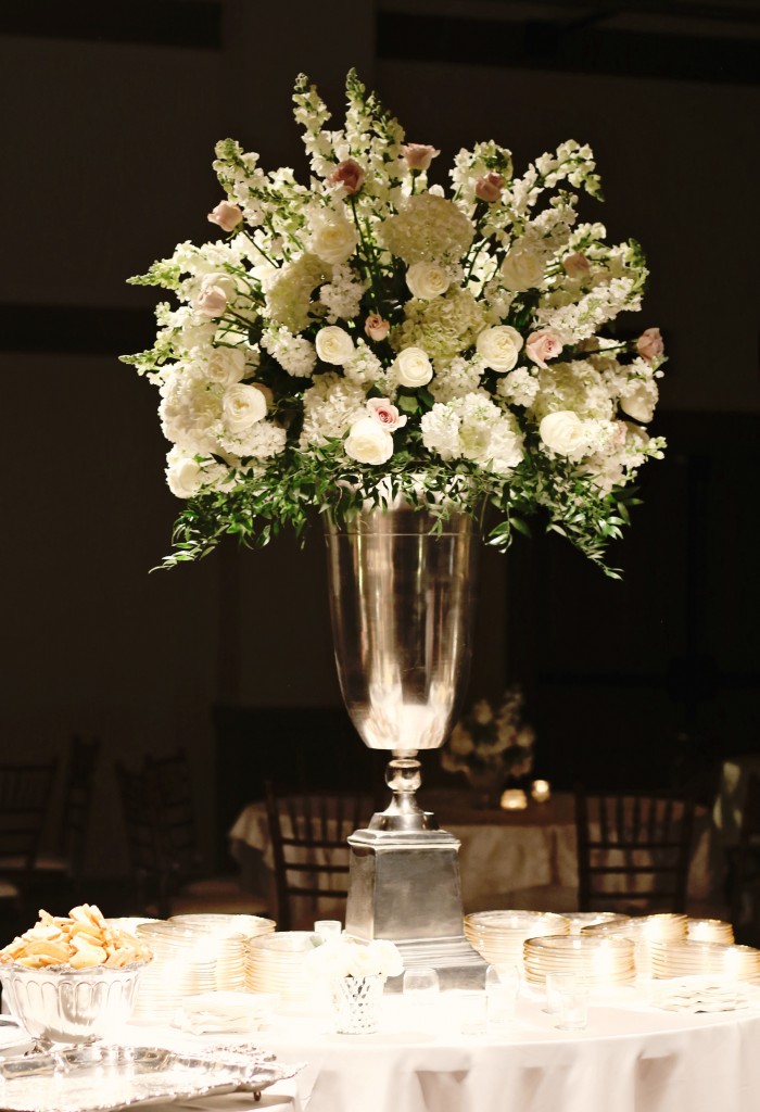 blush roses, white roses, hydrangea and snapdragon centerpiece | silver urn arrangement, large food buffet arrangement | meridian ms wedding flowers | southern productions | ivory and blush centerpiece for food buffet